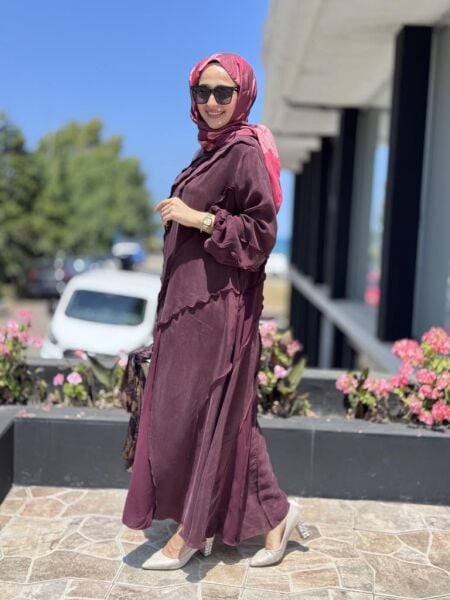 Misswhence Şifon Detaylı Nervürlü Büyük Beden Şallı Cupra İpek Elbise V3175