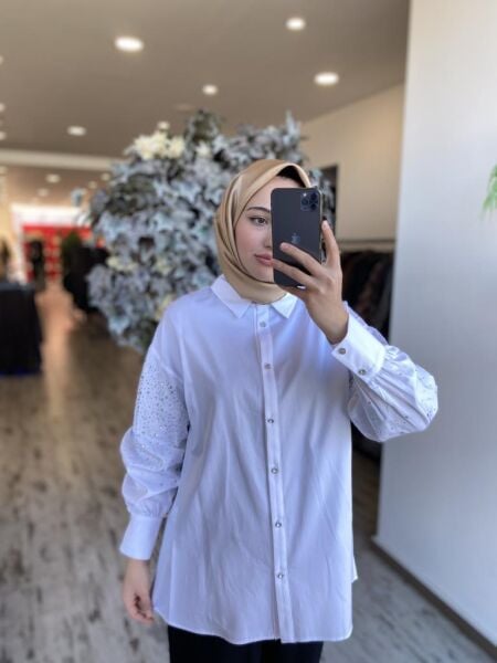 Ghisa Kolları Kristal Taşlı Poplin Gömlek 4865