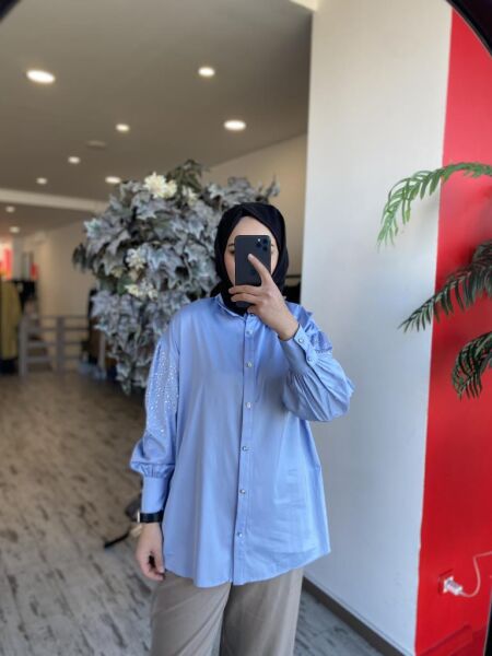 Ghisa Kolları Kristal Taşlı Poplin Gömlek 4865