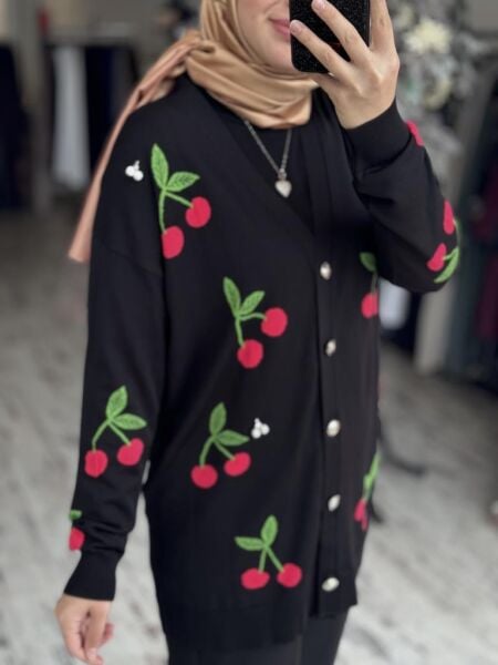 Ghisa Kiraz Desenli Broşlu Hırka 3091 SİYAH - 2