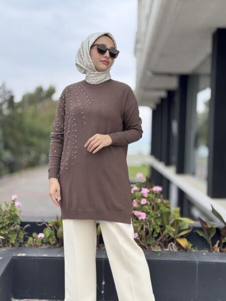 Tığ Triko Omuzu ve Kolu Taş Detaylı Tunik TNK21735