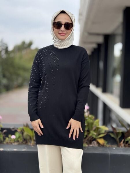 Tığ Triko Omuzu ve Kolu Taş Detaylı Tunik TNK21735