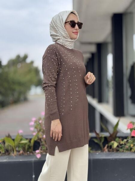 Tığ Triko Omuzu ve Kolu Taş Detaylı Tunik TNK21735