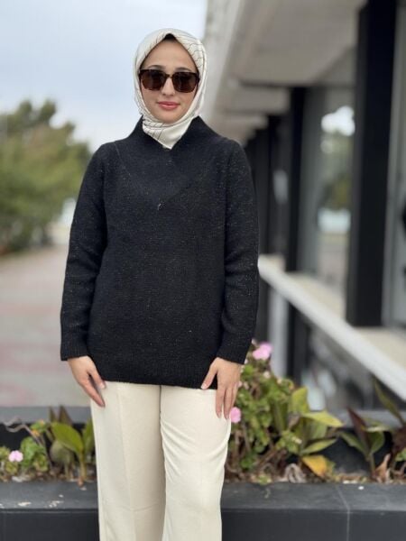 Tığ Triko V Yaka Pullu Tunik TNK21668
