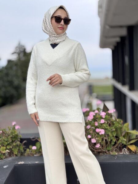 Tığ Triko V Yaka Pullu Tunik TNK21668