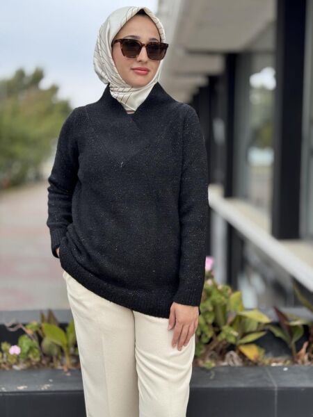 Tığ Triko V Yaka Pullu Tunik TNK21668