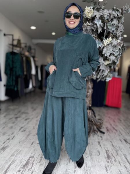 Misswhence Cep Detaylı Cupra İpek Bluz Şalvar Takım 37014 ZÜMRÜT - 40