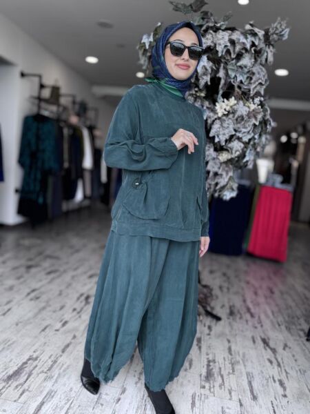 Misswhence Cep Detaylı Cupra İpek Bluz Şalvar Takım 37014 ZÜMRÜT - 42