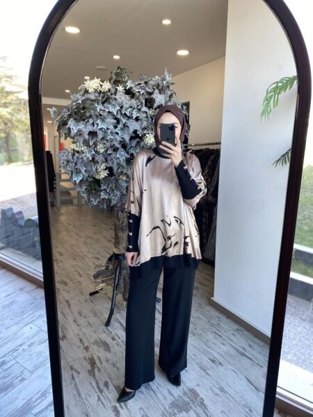 Ghisa Saten Ribanalı Yarasa Kol Tunik 4016 SİYAH-BEJ - 2