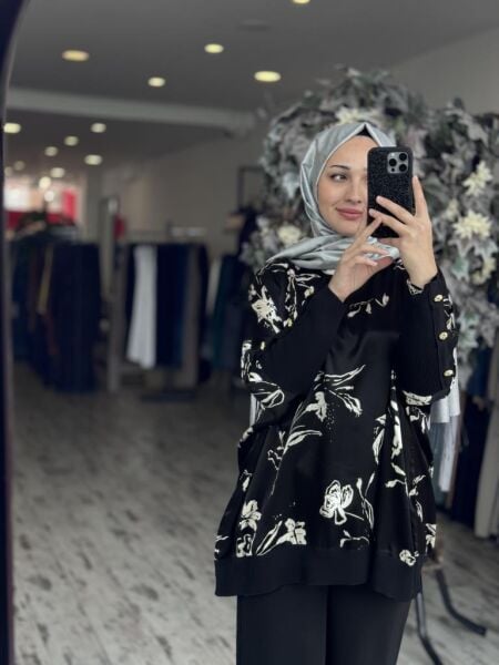 Ghisa Saten Ribanalı Yarasa Kol Tunik 4016 SİYAH-BEJ - 2