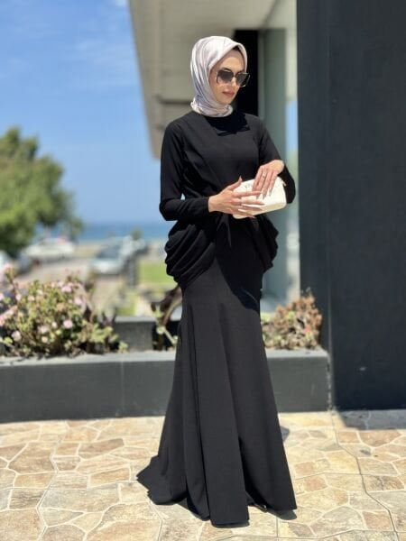 Jamila Sarah Yanları Drapeli Balık Abiye Elbise 3046