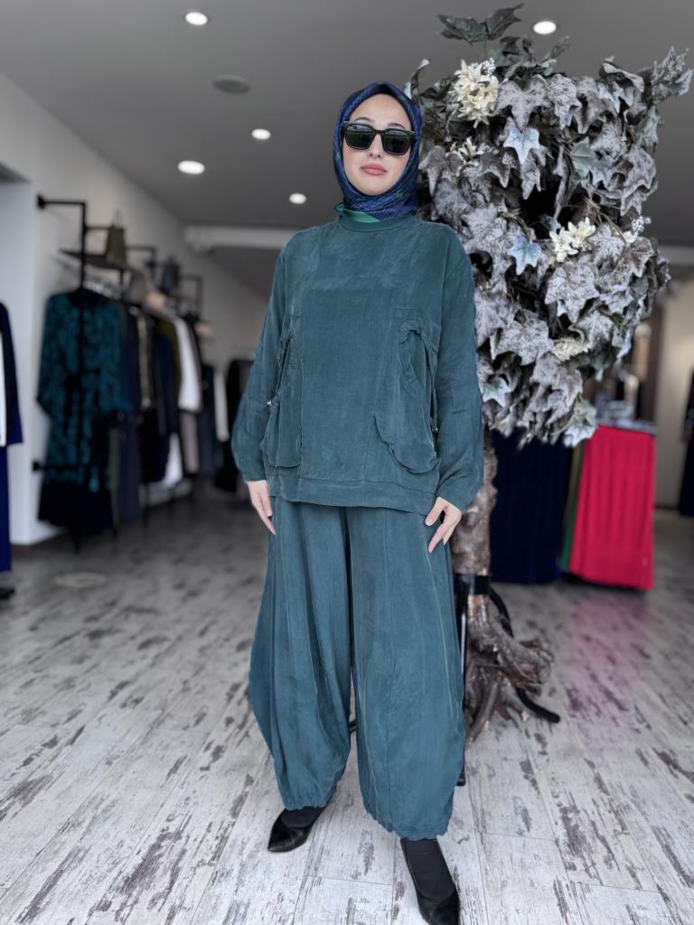 Misswhence Cep Detaylı Cupra İpek Bluz Şalvar Takım 37014 ZÜMRÜT - 36