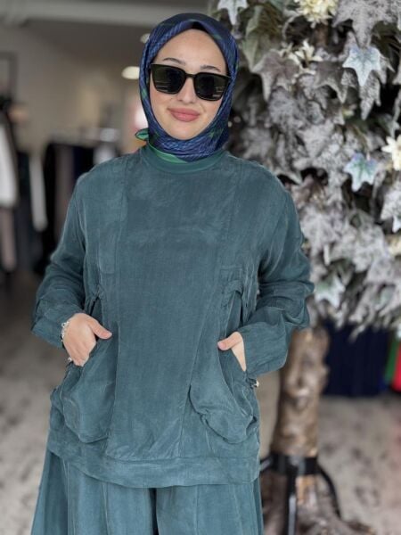 Misswhence Cep Detaylı Cupra İpek Bluz Şalvar Takım 37014 ZÜMRÜT - 36