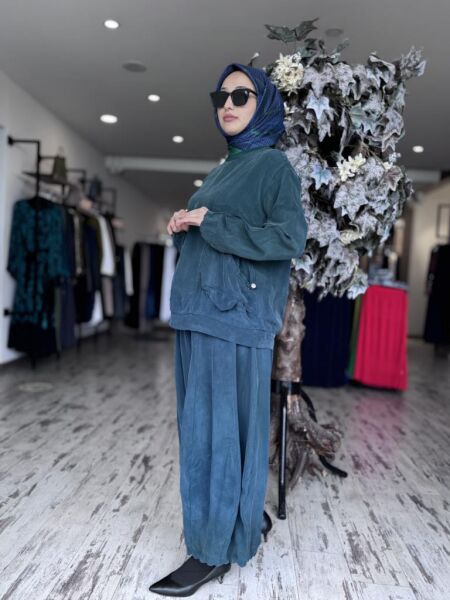 Misswhence Cep Detaylı Cupra İpek Bluz Şalvar Takım 37014 ZÜMRÜT - 36