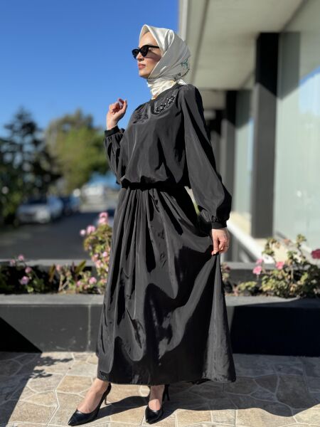 Qupra Paraşüt Kumaş Balon Bluz Etek Takım QAY62037 SİYAH - 3