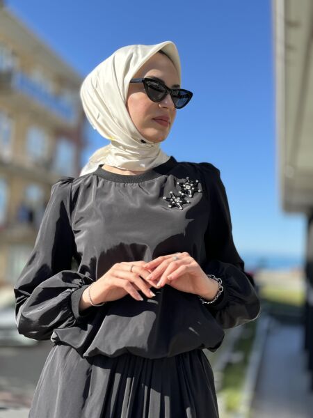 Qupra Paraşüt Kumaş Balon Bluz Etek Takım QAY62037 SİYAH - 3