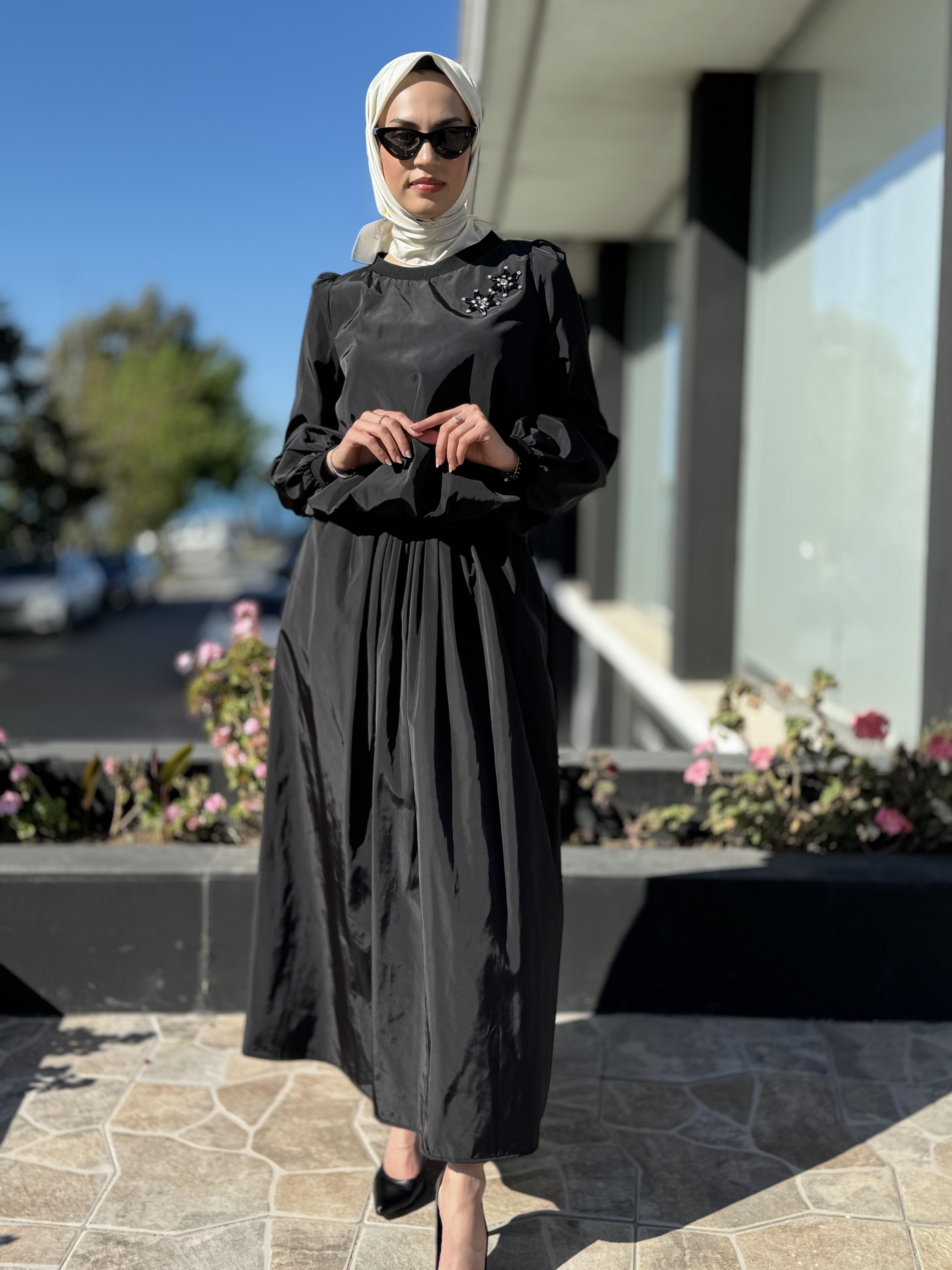 Qupra Paraşüt Kumaş Balon Bluz Etek Takım QAY62037 SİYAH - 3