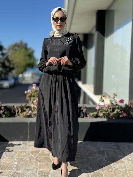 Qupra Paraşüt Kumaş Balon Bluz Etek Takım QAY62037 SİYAH - 3