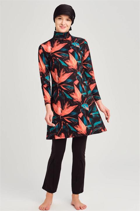 Haşema Yaprak Desenli Turuncu-Siyah 4 Parça Tesettür Mayo HSM2958