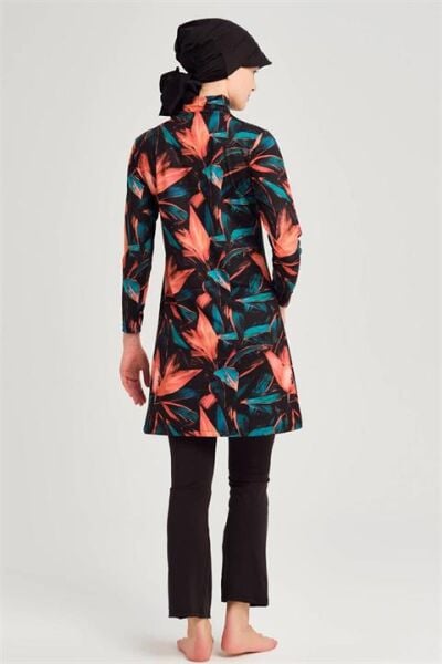 Haşema Yaprak Desenli Turuncu-Siyah 4 Parça Tesettür Mayo HSM2958