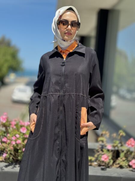 Almarwah Fermuarlı Tencel Kap 404834 SİYAH-ORANJ - 40