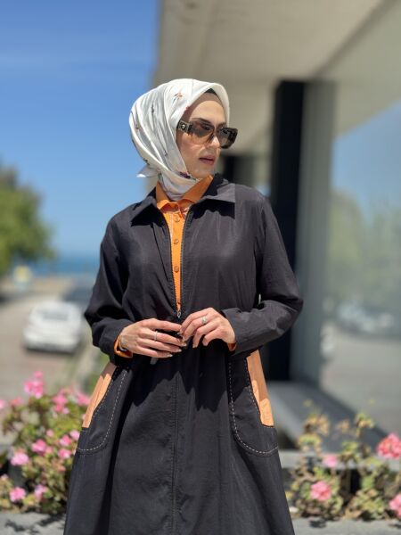 Almarwah Fermuarlı Tencel Kap 404834 SİYAH-ORANJ - 40