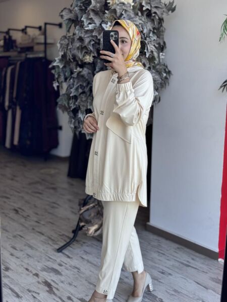 Tığ Triko Drop Düğme Detaylı Pantolonlu Takım TKM3046