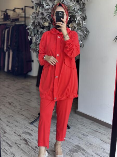 Tığ Triko Drop Düğme Detaylı Pantolonlu Takım TKM3046