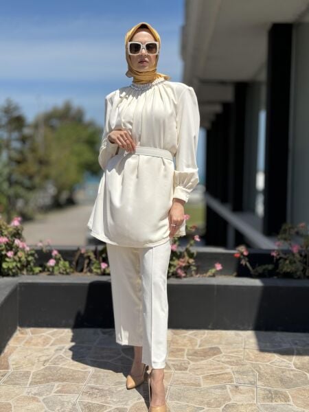 Qupra Boğazı Taşlı Tunik Pantolon Şık Takım QAY62087