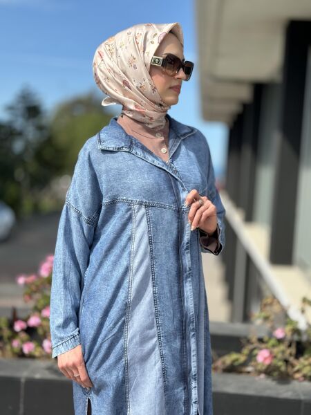 Almarwah Fermuarlı Tencel Maxı Kot Kap / Ceket 404850 MAVİ - 2