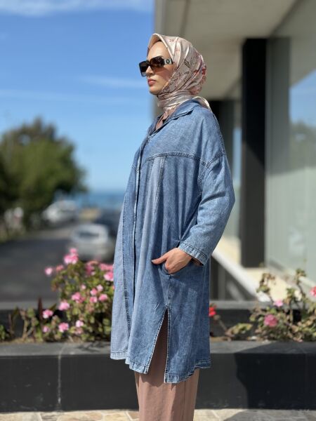 Almarwah Fermuarlı Tencel Maxı Kot Kap / Ceket 404850 MAVİ - 2