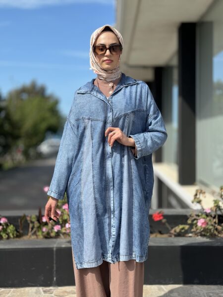 Almarwah Fermuarlı Tencel Maxı Kot Kap / Ceket 404850 MAVİ - 2