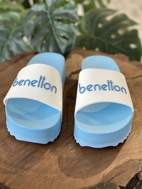 Benetton Yüksek Dolgu Taban, Kadın Beyaz-Mavi Terlik BN1212