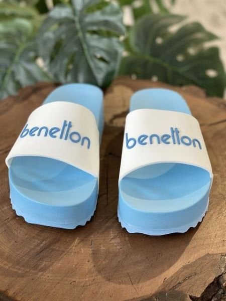 Benetton Yüksek Dolgu Taban, Kadın Beyaz-Mavi Terlik BN1212