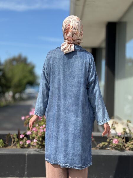 Almarwah Fermuarlı Tencel Maxı Kot Kap / Ceket 404850 MAVİ - 3