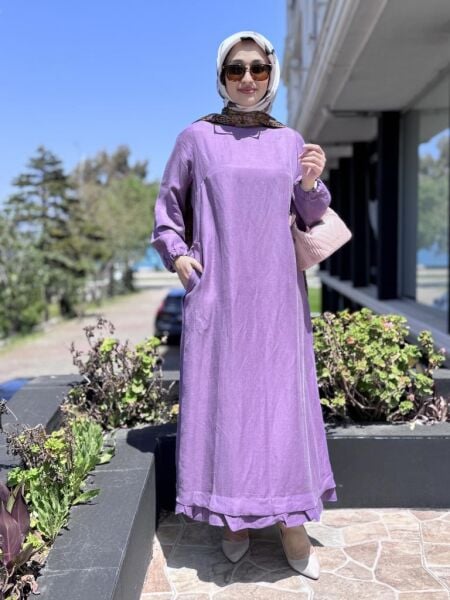 Misswhence Fular Ve Cep Detaylı  Büyük Beden Keten Elbise V3135