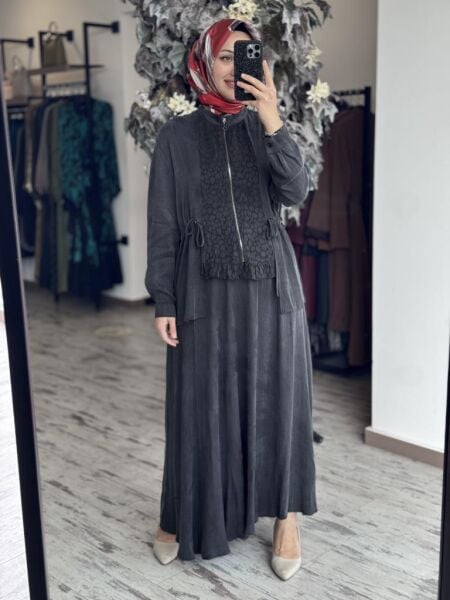 Almarwah Fermuarlı Cupra İpek Ceket Etek Takım 202758