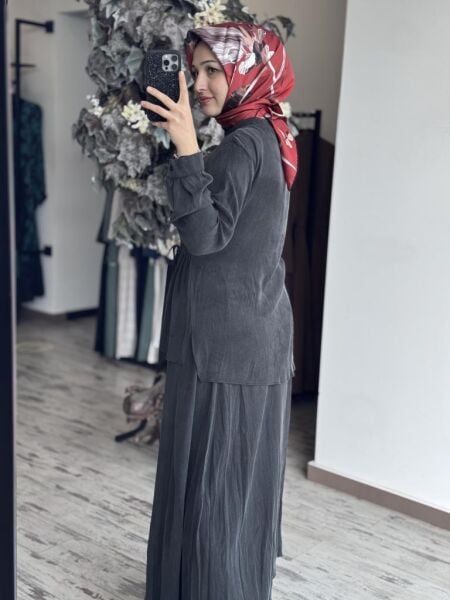 Almarwah Fermuarlı Cupra İpek Ceket Etek Takım 202758