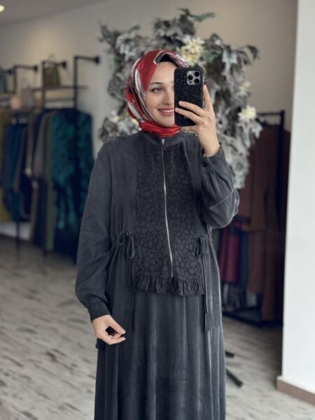 Almarwah Fermuarlı Cupra İpek Ceket Etek Takım 202758