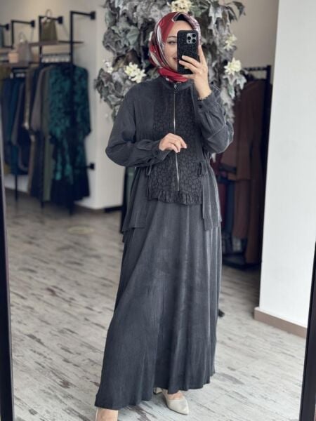 Almarwah Fermuarlı Cupra İpek Ceket Etek Takım 202758