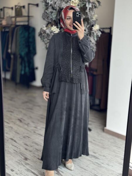 Almarwah Fermuarlı Cupra İpek Ceket Etek Takım 202758