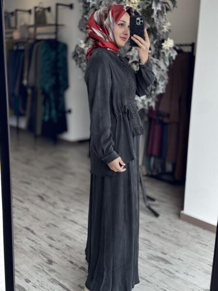 Almarwah Fermuarlı Cupra İpek Ceket Etek Takım 202758