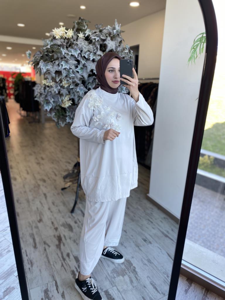 Ghisa Önü Organze Çiçek Detaylı Tunik Pantolon Takım 4859