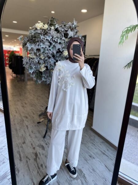 Ghisa Önü Organze Çiçek Detaylı Tunik Pantolon Takım 4859