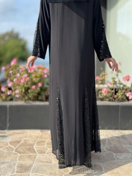 QEFFA Kol Ve Etek Uçları Parça PuL-Payet  Detaylı Siyah Ferace / Elbise Q171