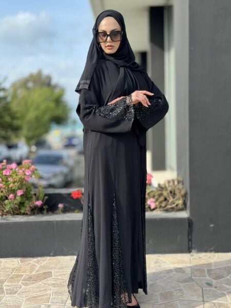 QEFFA Kol Ve Etek Uçları Parça PuL-Payet  Detaylı Siyah Ferace / Elbise Q171