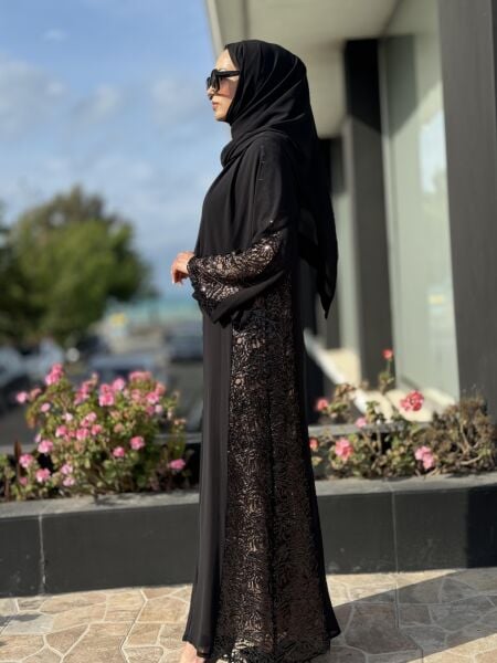 QEFFA Yanları Ve Kolları Dantelli Siyah Ferace / Elbise Q162