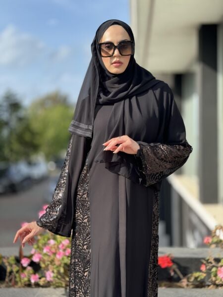 QEFFA Yanları Ve Kolları Dantelli Siyah Ferace / Elbise Q162