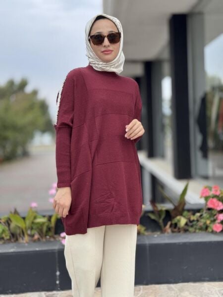 Tığ Triko Omuzu Yapıştırma Taşlı Yarasa Kol Triko Tunik TNK21737