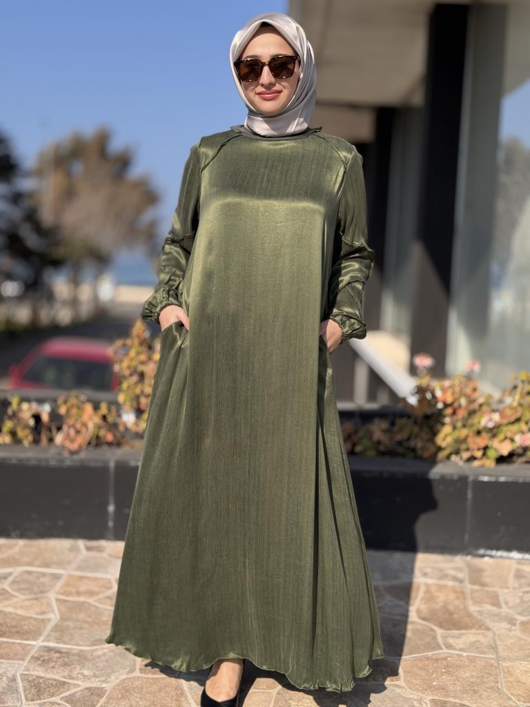 Misswhence Kolları Nervürlü Cepli İpek Saten Elbise 37801